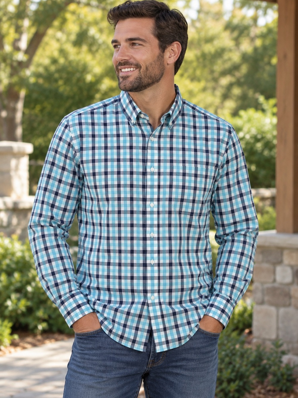 Neiman Marcus Men’s Trim Fit Plaid Button Down Shirt 16 32/33 Blue